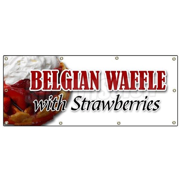 BELGIAN WAFFLE WITH STRAWBERRIES BANNER SIGN whip cream breakfast
